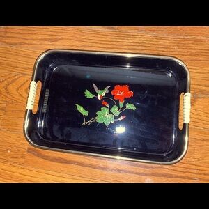 Vintage Black Lacquer Tray with Hummingbird and Hibiscus